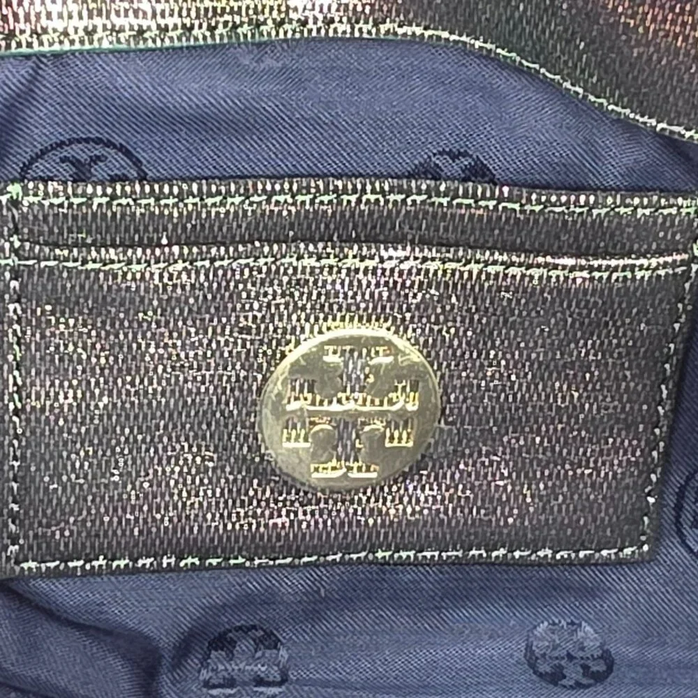 Tory Burch Austin Flap Clutch Bag Green Purple Iridescent Metallic Galaxy Cyber